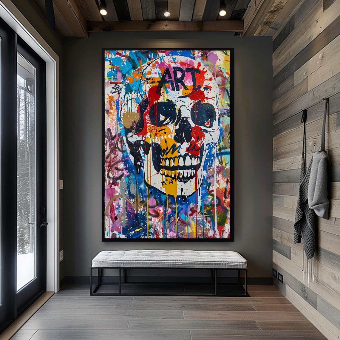 Graffiti Skull Street Art Covered in Colorful Paint Splashes Poster - Image 4