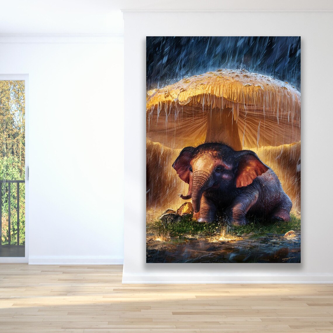 Baby Elephant Under Giant Mushroom Rain Whimsical Nursery Poster - Image 6