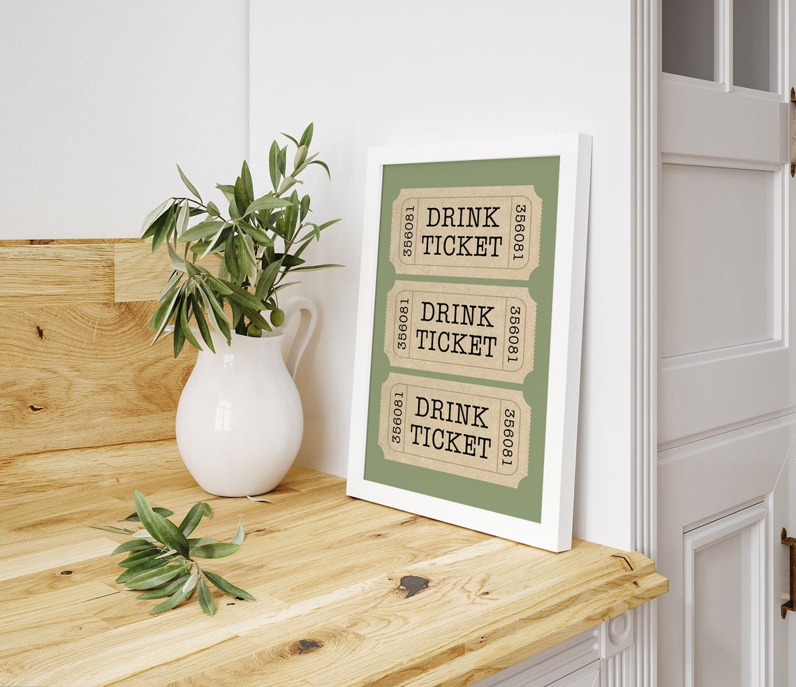 Drink Ticket Retro Vintage Ticket Stubs Sage Green Wall Bar Poster - Image 3