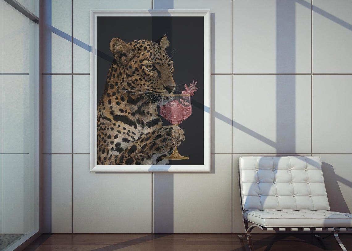 Glam Leopard Drinking Pink Cocktail Against Black Background Poster