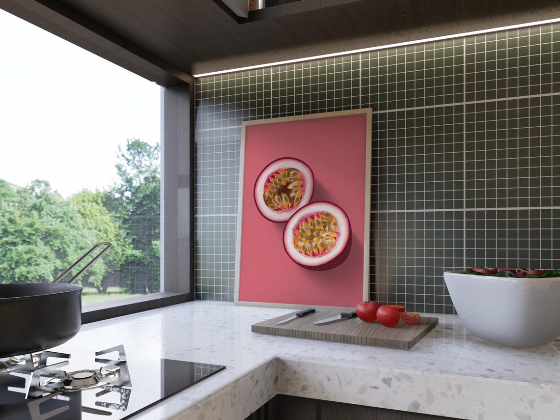 Bold Passion Fruit Halves Vivid Pink Modern Kitchen Art Poster