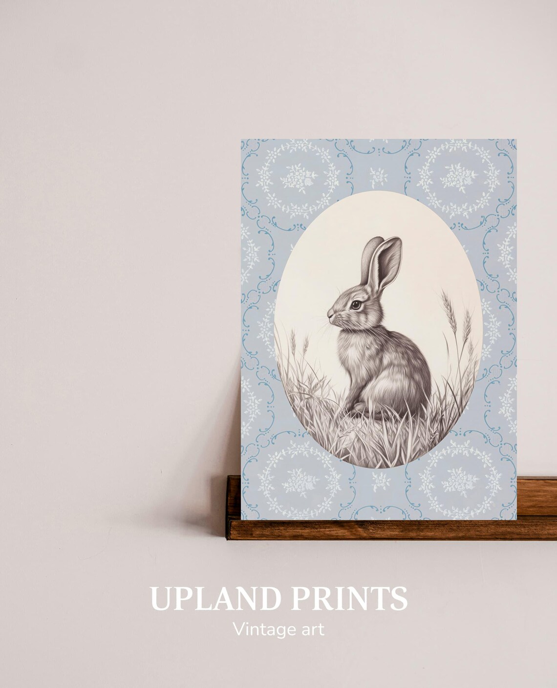 Bunny in Oval Cameo on Blue Patterned Ground Vintage Nursery Art Poster - Image 2