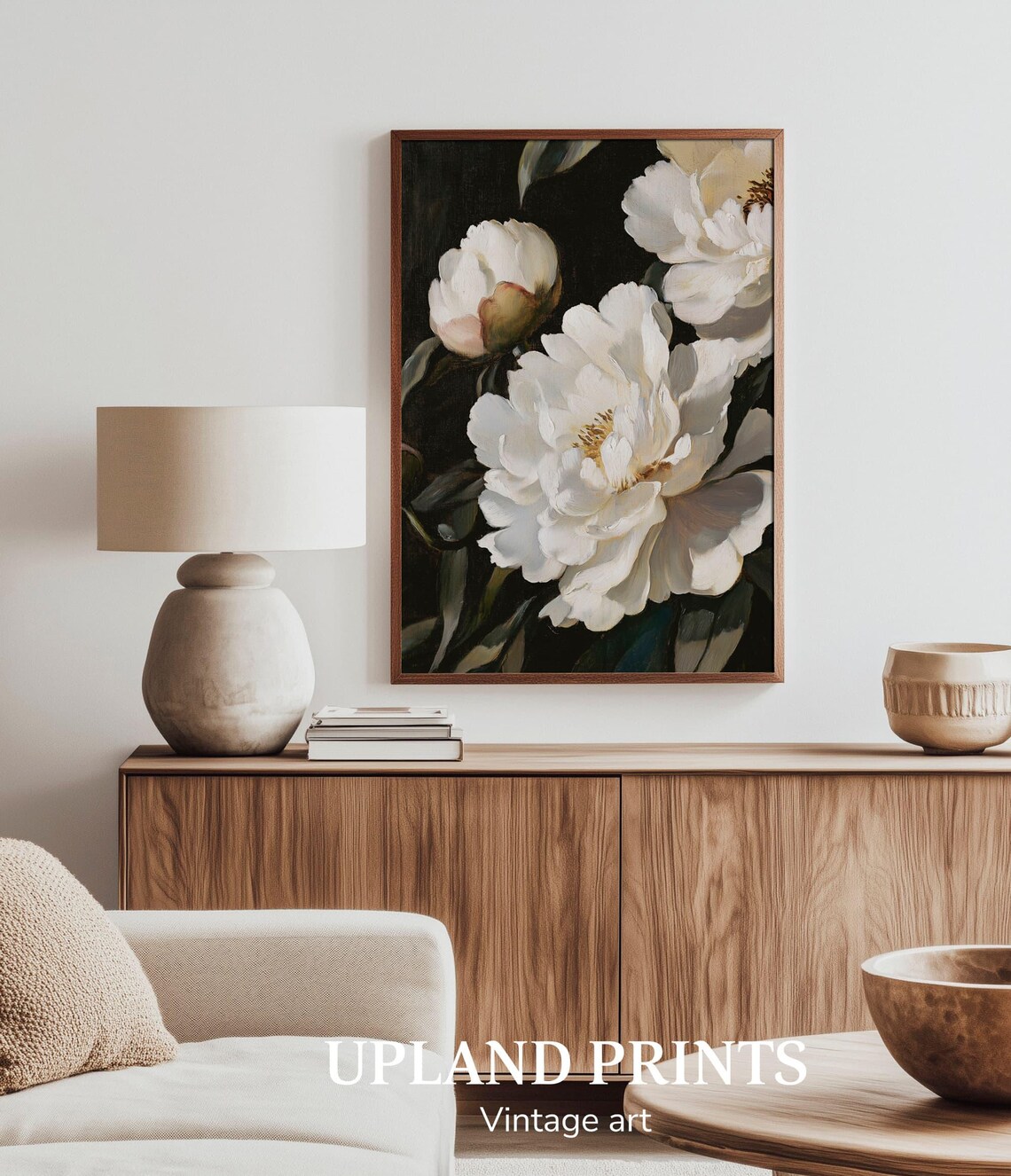 White Peony Print Flower Art Moody Peonies Vintage Wall Art White Floral Painting Floral Bedroom Print White Flowers 140 - Image 2