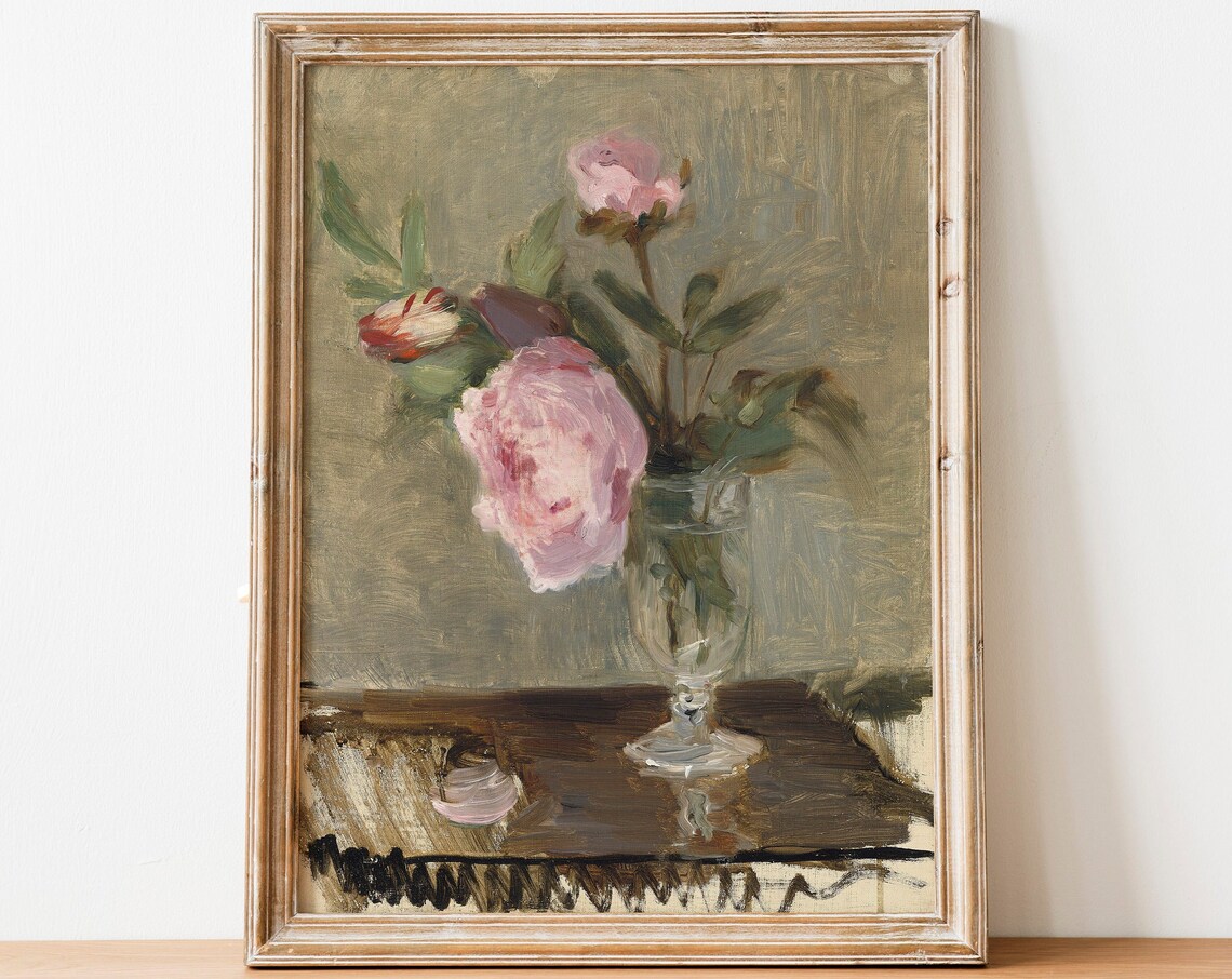 Vintage Pink Peonies in Glass Vase Antique Oil Painting Poster - Image 2