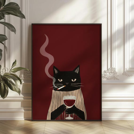 Black Cat Drinking Wine, Retro Funny Bar Cart Poster