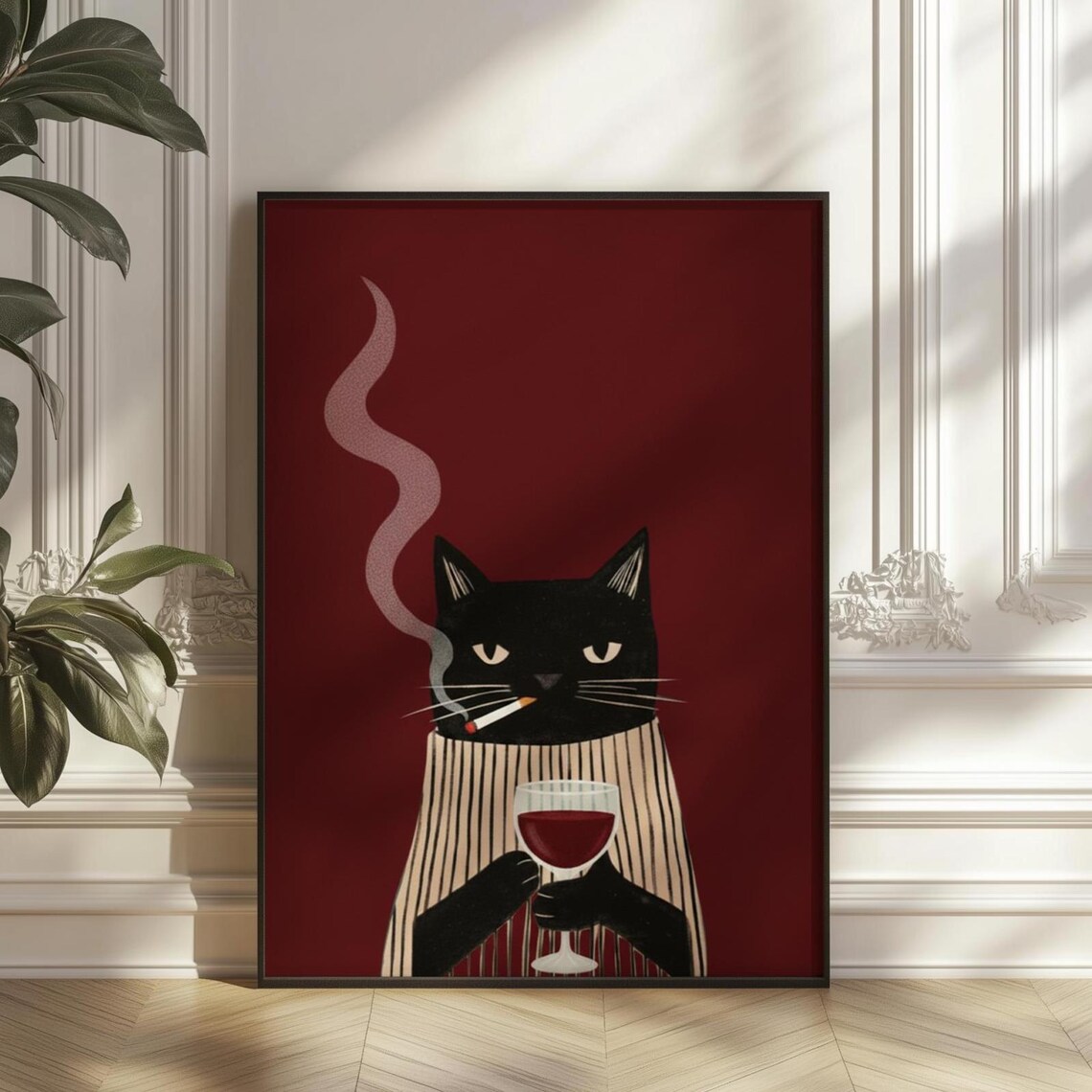 Black Cat Drinking Wine, Retro Funny Bar Cart Poster