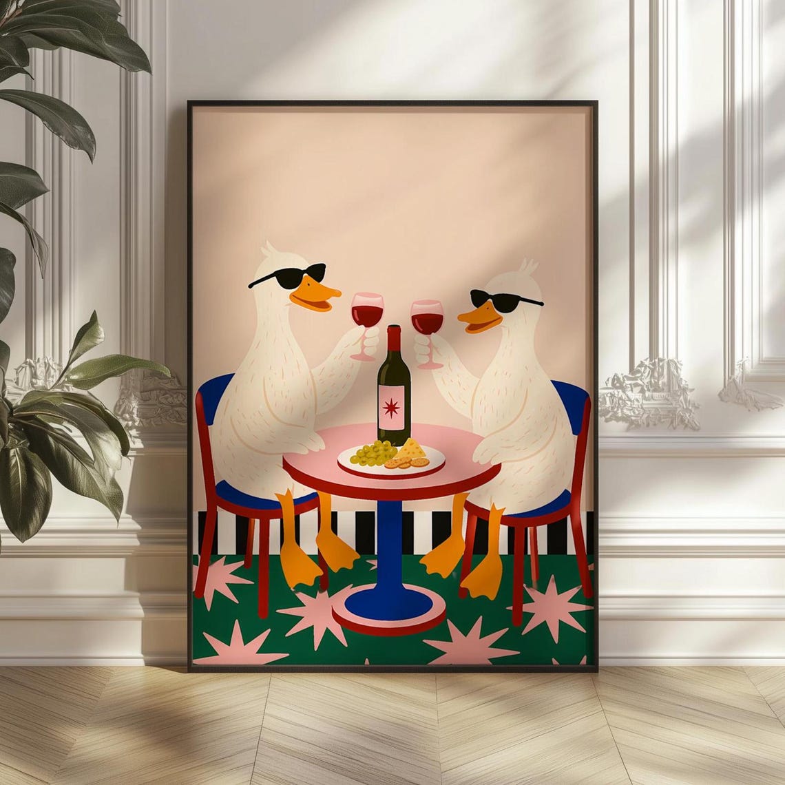 Two Ducks Toasting Wine Glasses Quirky Bistro Cheers Animal Poster