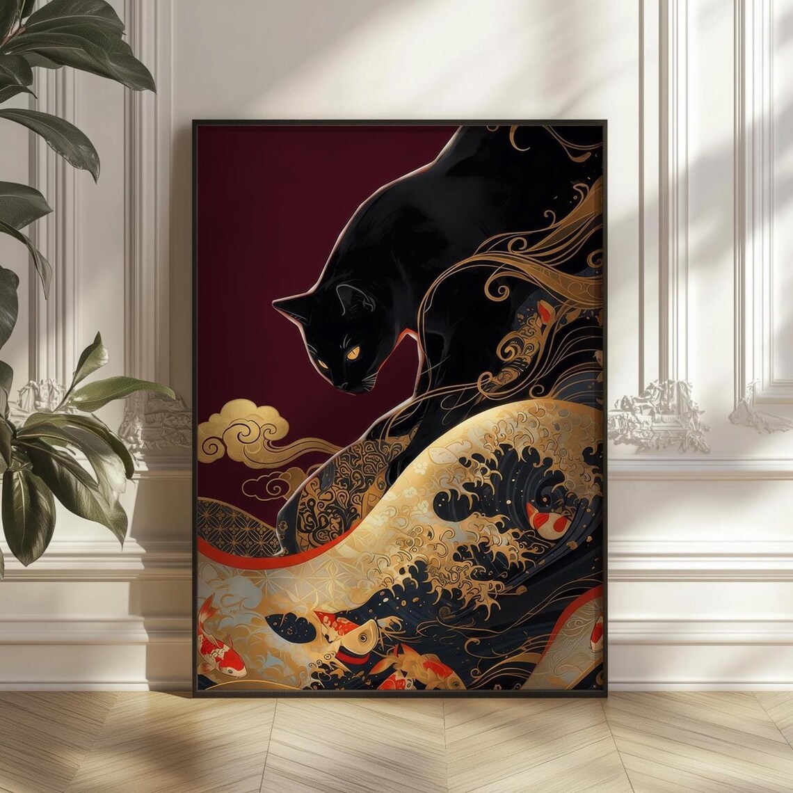 Black Cat Koi Fish Japanese Wave Poster, Ukiyoe