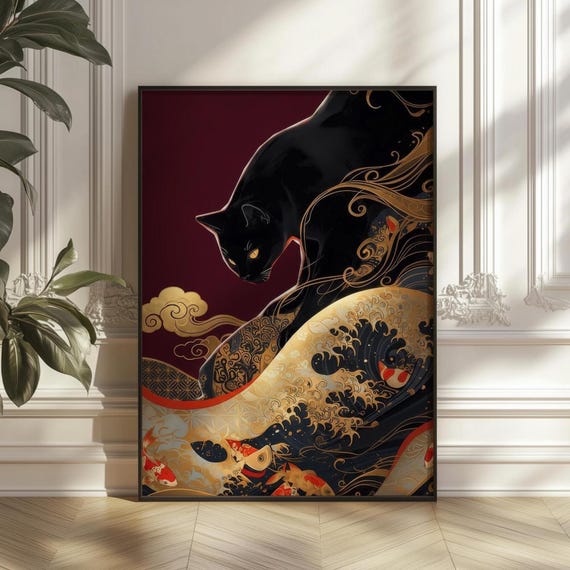 Black Cat Koi Fish Japanese Wave Poster, Ukiyoe