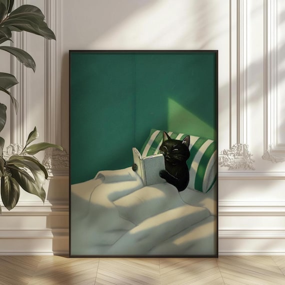 Black Cat Reading Print Emerald Green Cosy Bedroom Poster Book Lover Art Digital Download