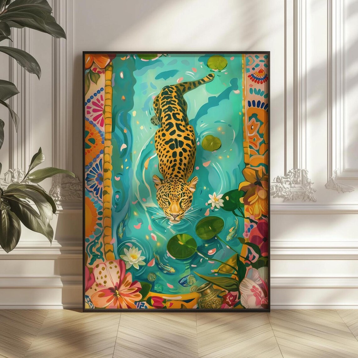 Leopard Swimming Pool Poster, Maximalist Tropical Wall Art