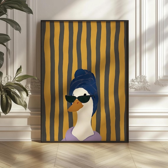 Funny Duck Bathroom Print Quirky Spa Wall Art Chic Animal Decor Retro Striped Poster Glam Digital Download