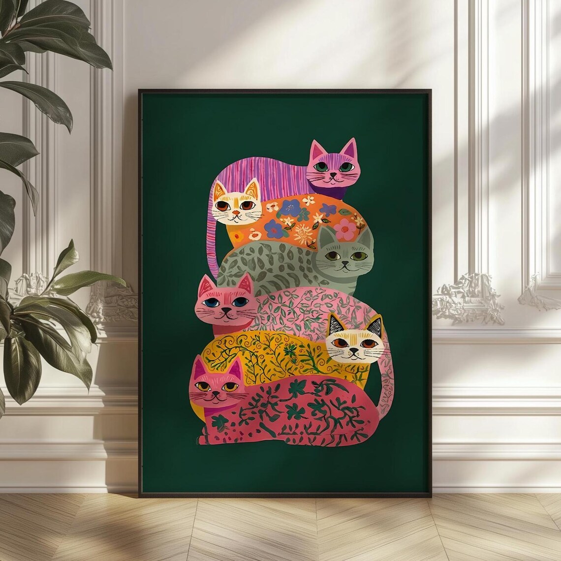 Colorful Stacked Cats Folk Art, Boho Floral Art Print