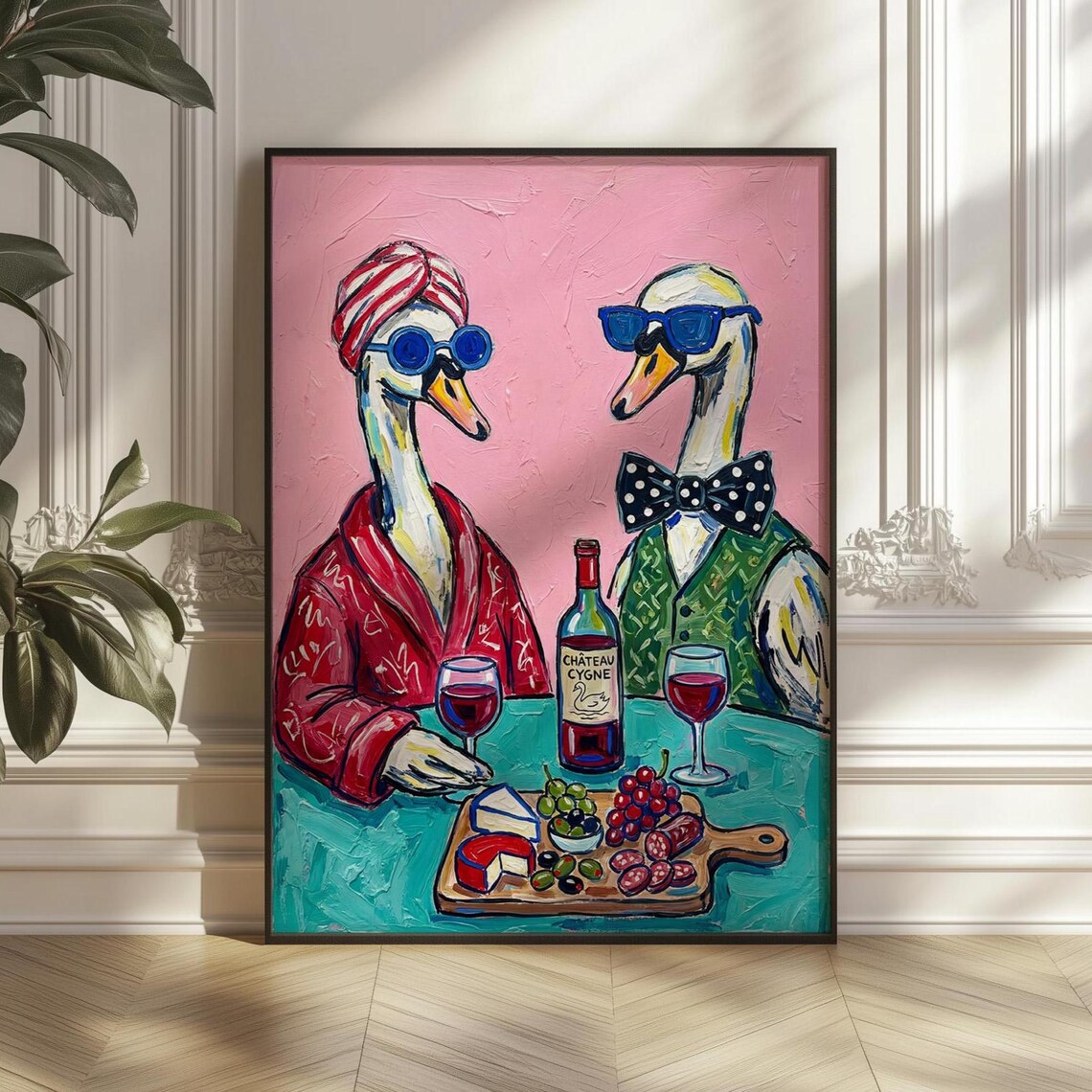 Fancy Duck Wine Date Poster, Whimsical Animal Art
