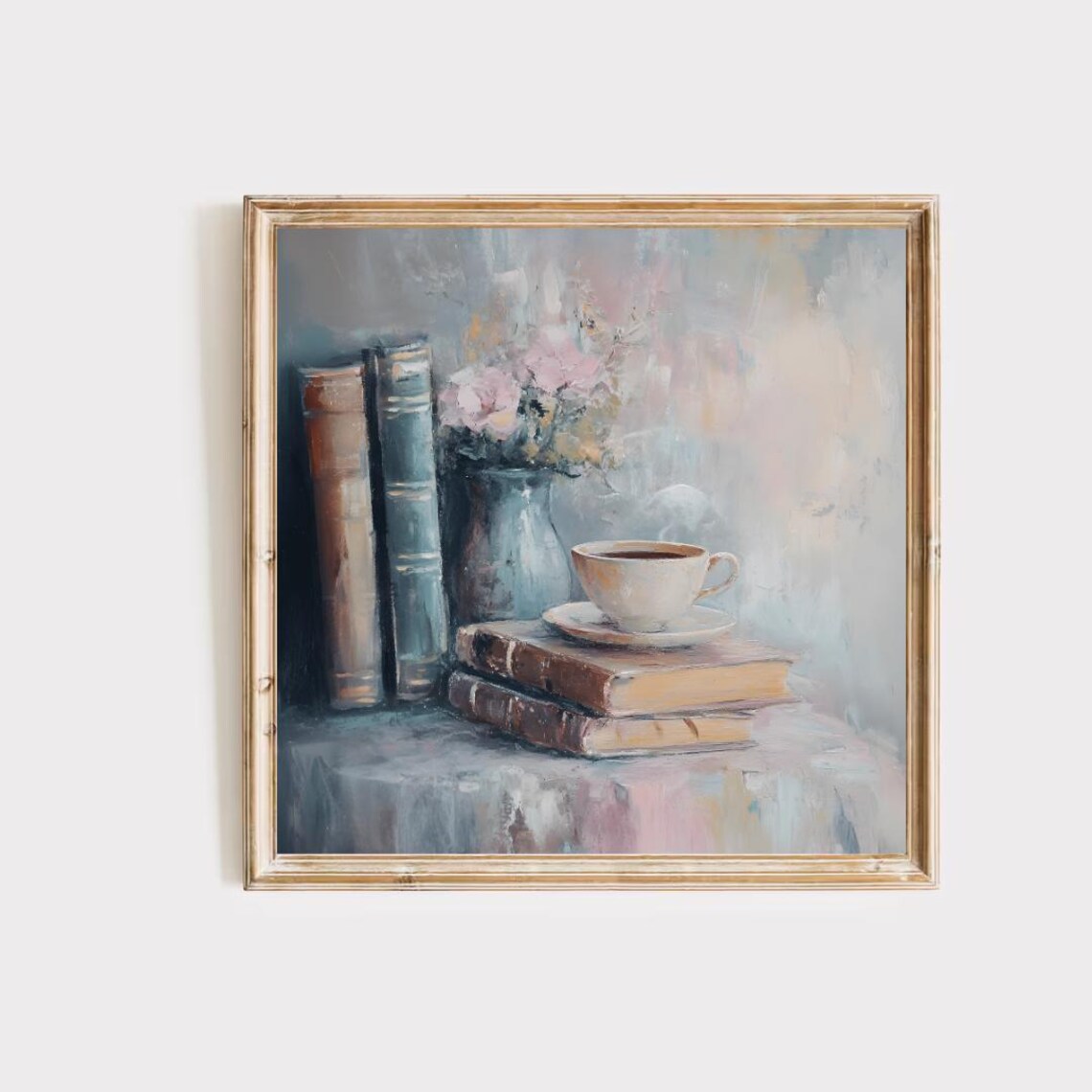 Vintage Old Books With Teacup and Flowers Still Life Painting Poster - Image 4