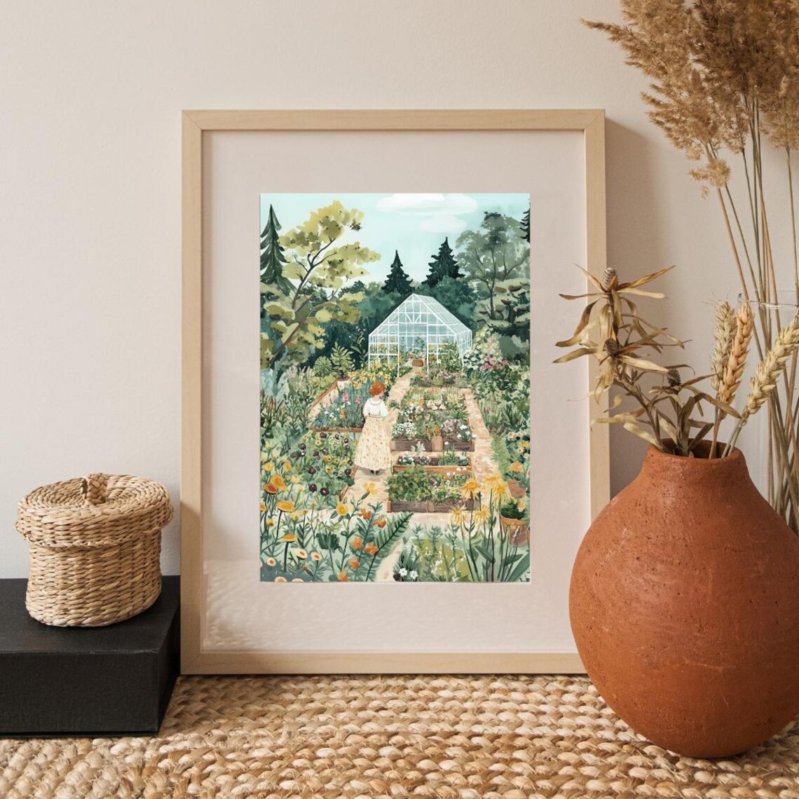 Woman Gardening in Flower Garden With Glass Greenhouse Wall Poster - Image 3