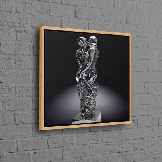 Metallic Kissing Couple Silver Wall Art Poster Modern Canvas Abstract Decor 3d