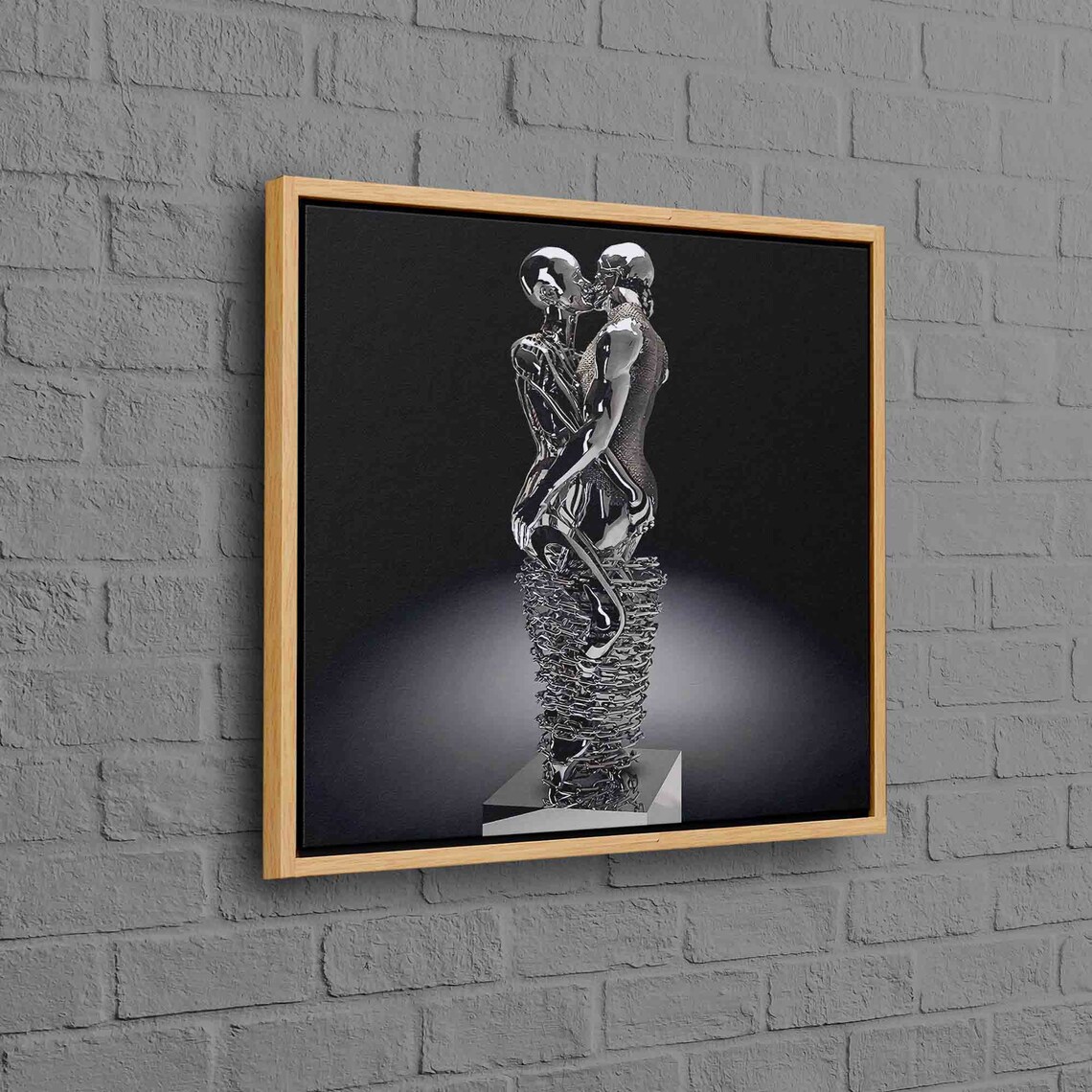 Silver Metallic Kissing Couple Sculpture Black Modern Love Art Poster