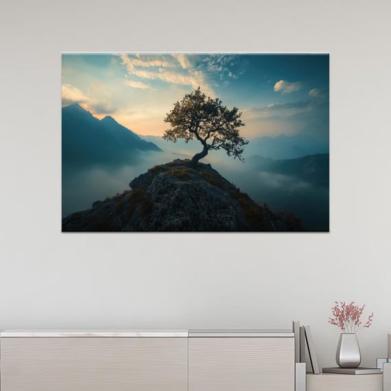 Mountain Landscape Canvas Wall Art Lone Tree Sunset Artwork Nature Inspired Painting Modern Scenic Print For Rustic Home Decor