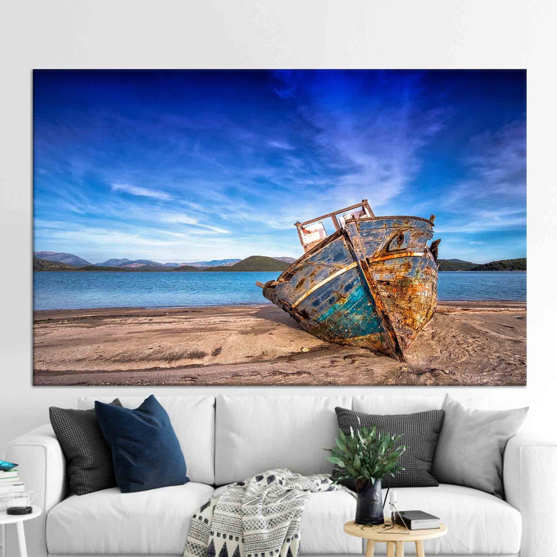 Rusted Abandoned Boat Wreck On Sandy Beach Blue Sky Coastal Poster