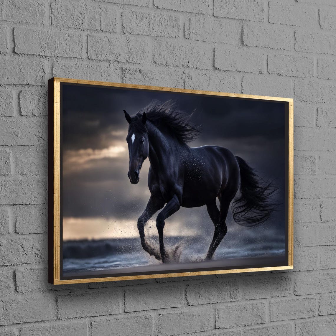 Black Horse Running Beach At Sunset Dramatic Equine Photo Poster