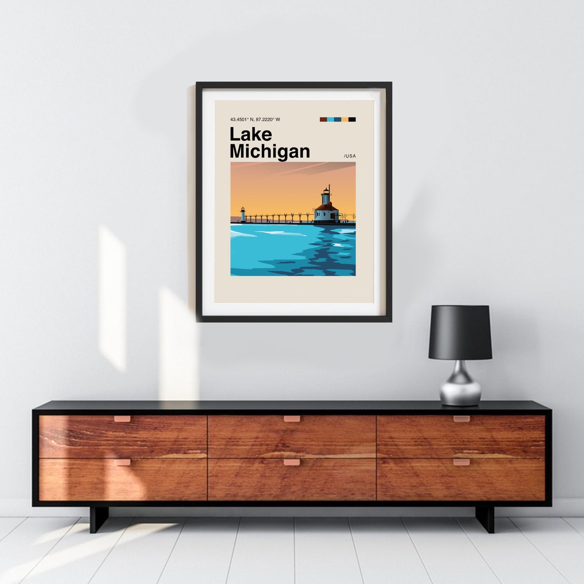 Lake Michigan Lighthouse Pier Sunset Scene Illustration Poster - Image 2