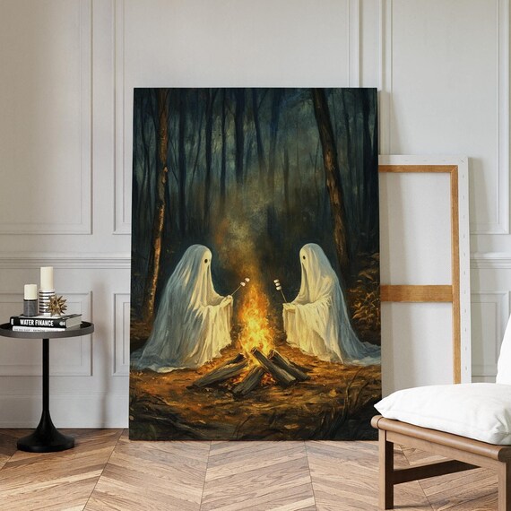 Ghosts Roasting Marshmallows, Cozy Spooky Art