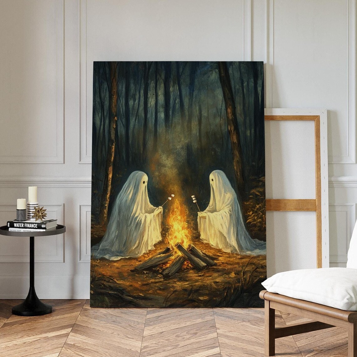 Ghosts Roasting Marshmallows, Cozy Spooky Art