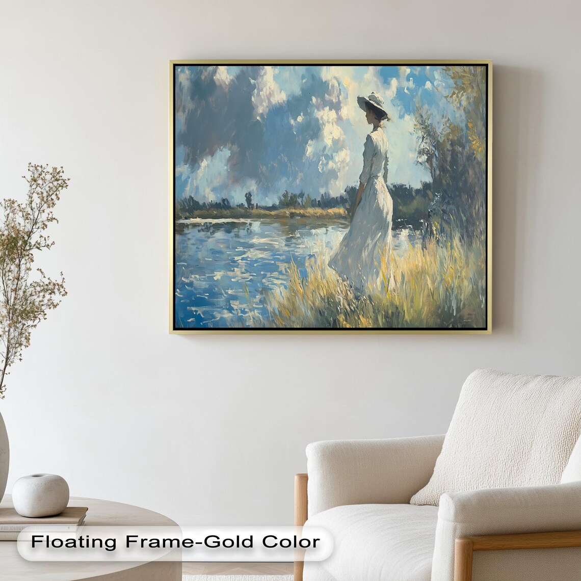 Woman By Lakeside, Elegant Nature Painting - Image 4