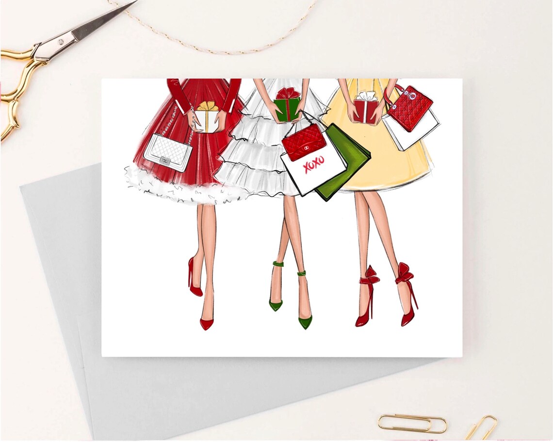 Three Friends Christmas Shopping Gifts Fashion Illustration Poster