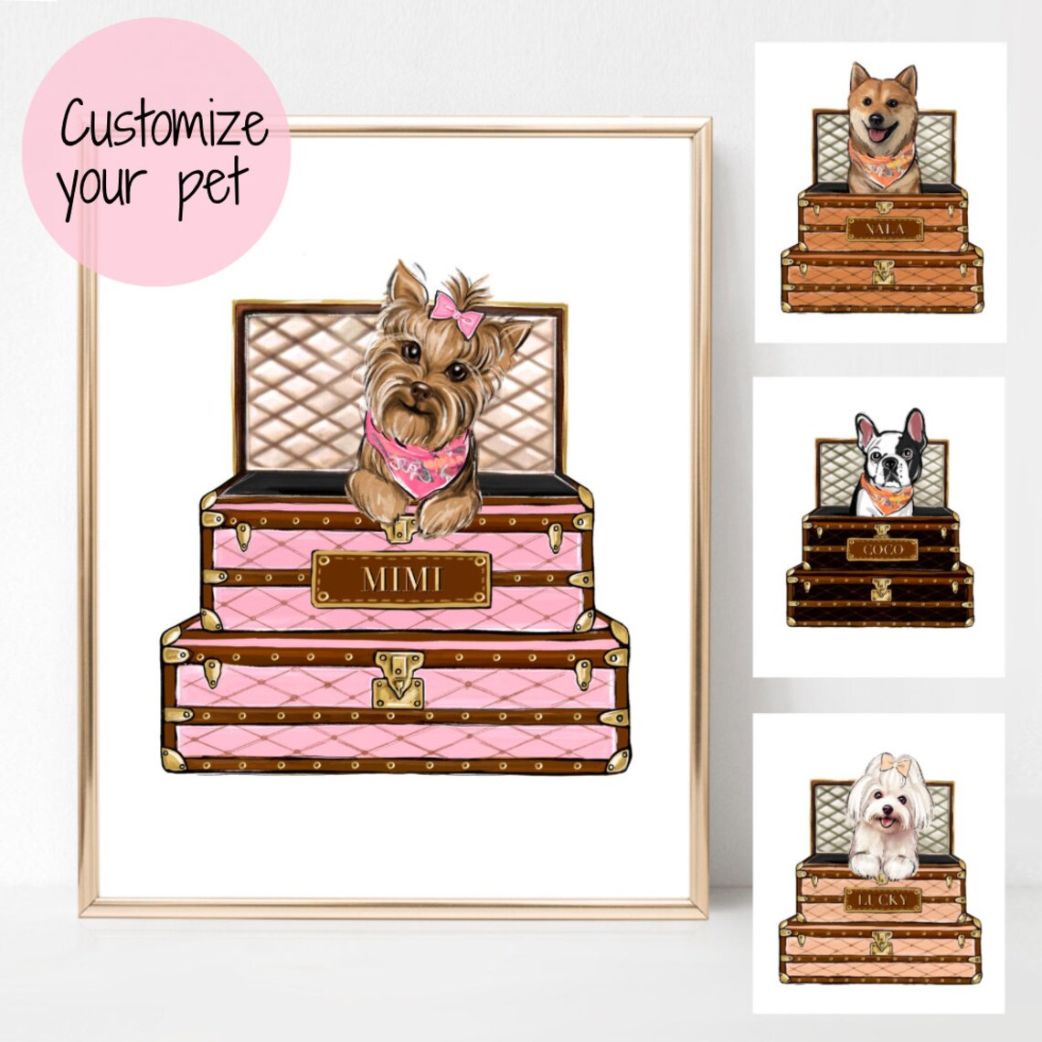 Personalized Dog in Luxury Trunk Pet Portrait Fashion Poster