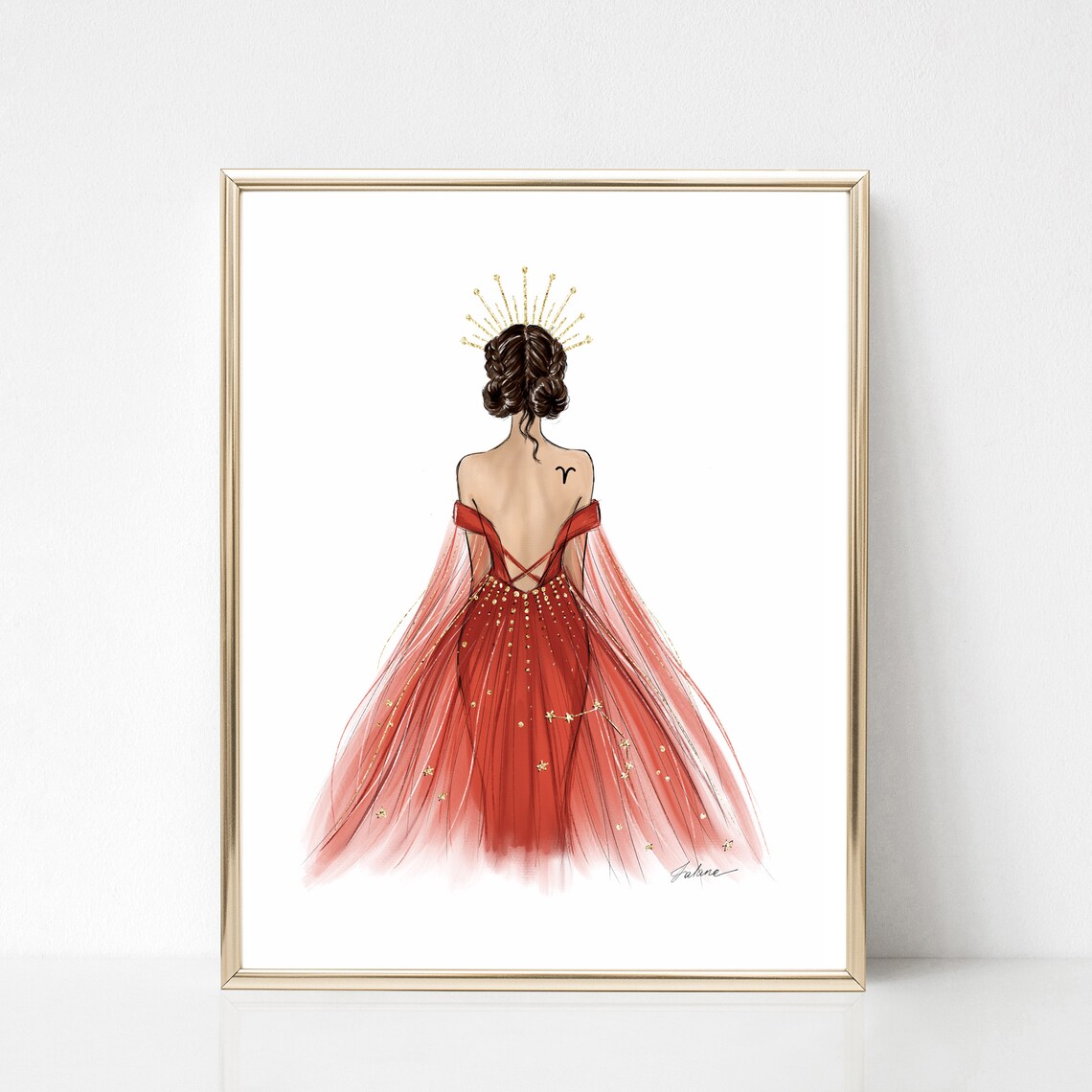 Aries Zodiac Woman Red Starry Gown Fashion Illustration Poster - Image 3