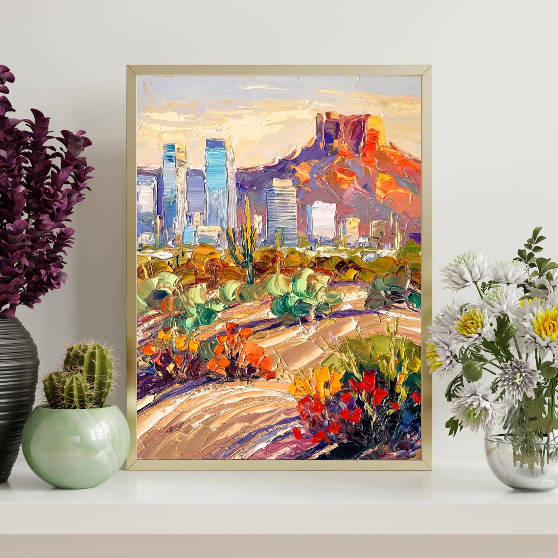Phoenix Desert Camelback Mountain Saguaro Cactus Sunset Oil Art Poster - Image 4