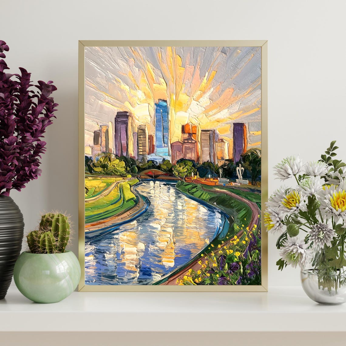 Fort Worth Sunset Skyline River Reflection Oil Painting Poster - Image 4