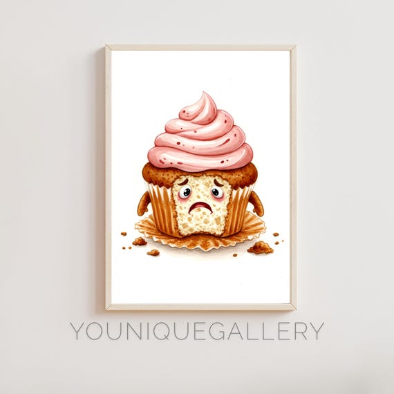 Funny Cupcake Wall Art Cute Dessert Humor Kitchen Decor Watercolor Bakery Illustration Pastry Lover Gift