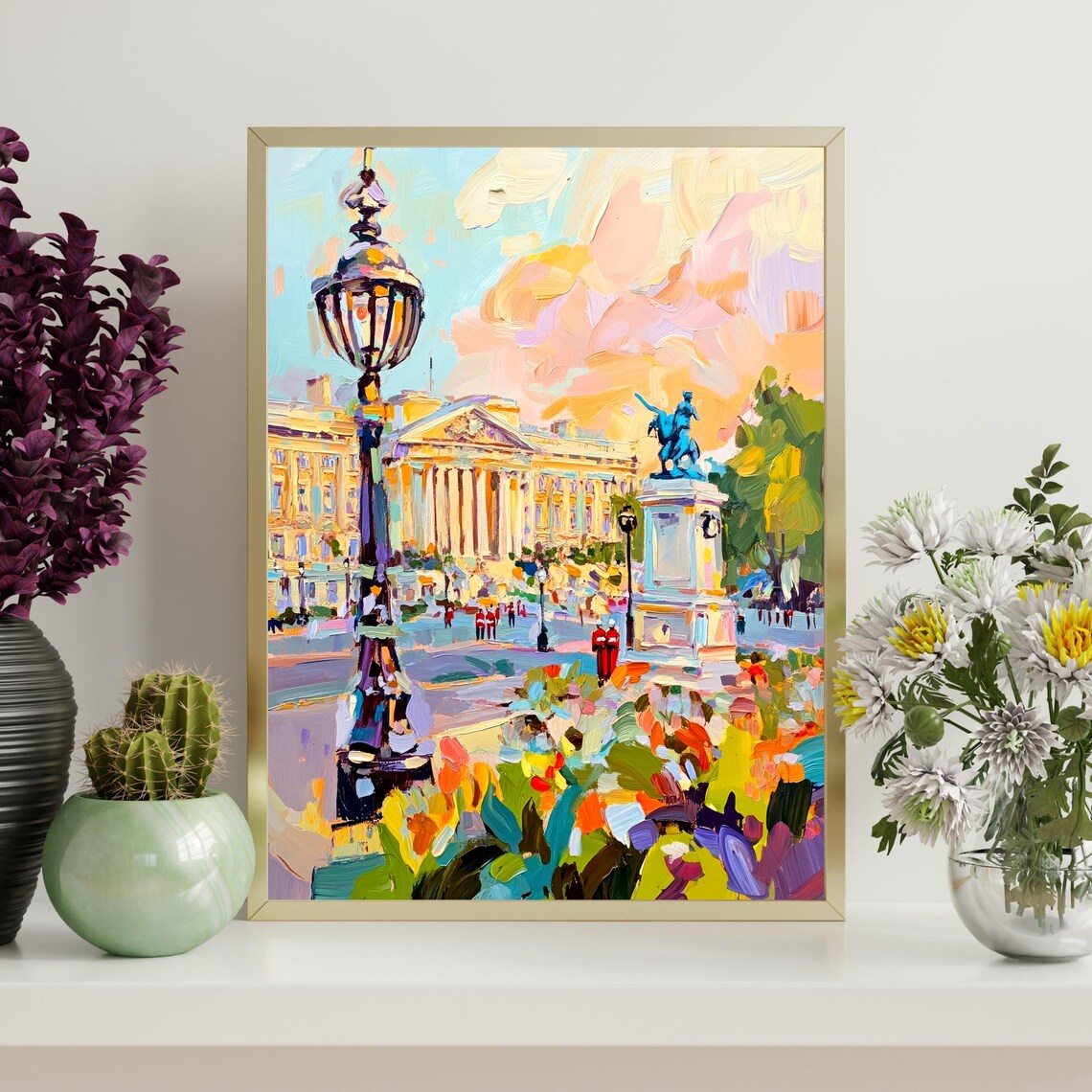 Buckingham Palace London Royal Guards Lamppost Flower Garden Painting Poster - Image 4