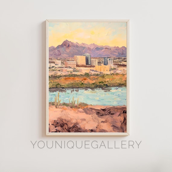 El Paso Texas Desert Mountain Cityscape Sunset Oil Painting Poster