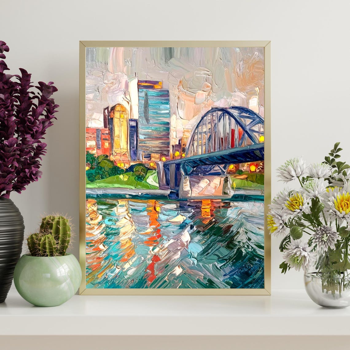 Memphis Tennessee Arch Bridge Riverfront Sunset Oil Painting Poster - Image 4
