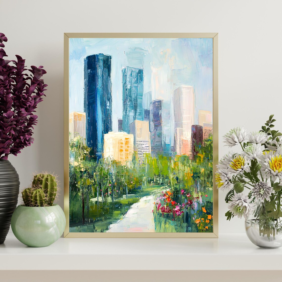 Houston Skyline Urban Park Garden Flowers Modern Cityscape Oil Poster - Image 4
