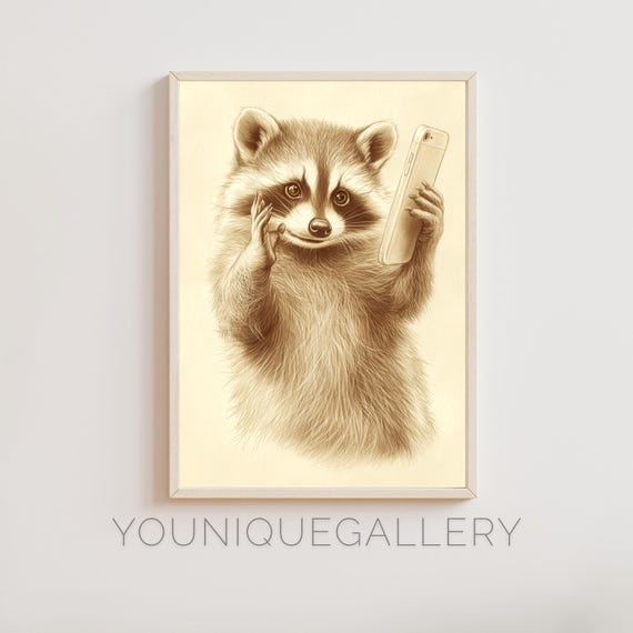 Funny Raccoon Selfie Wall Art Animal Art Cute Wildlife Decor Quirky Raccoon Illustration Poster