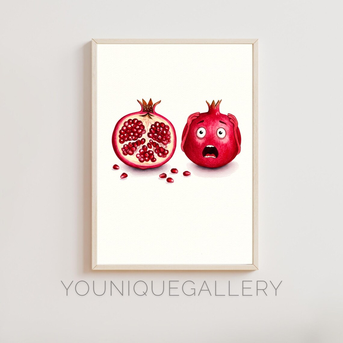 Funny Pomegranate Watercolor Food Humor Wall Art Kitchen Decor Scared Fruit Art Unique Gift