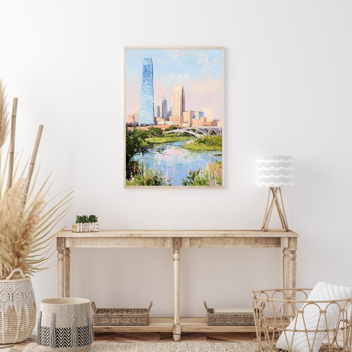 Oklahoma City Downtown Skyline Bridge River Oil Painting Poster - Image 3