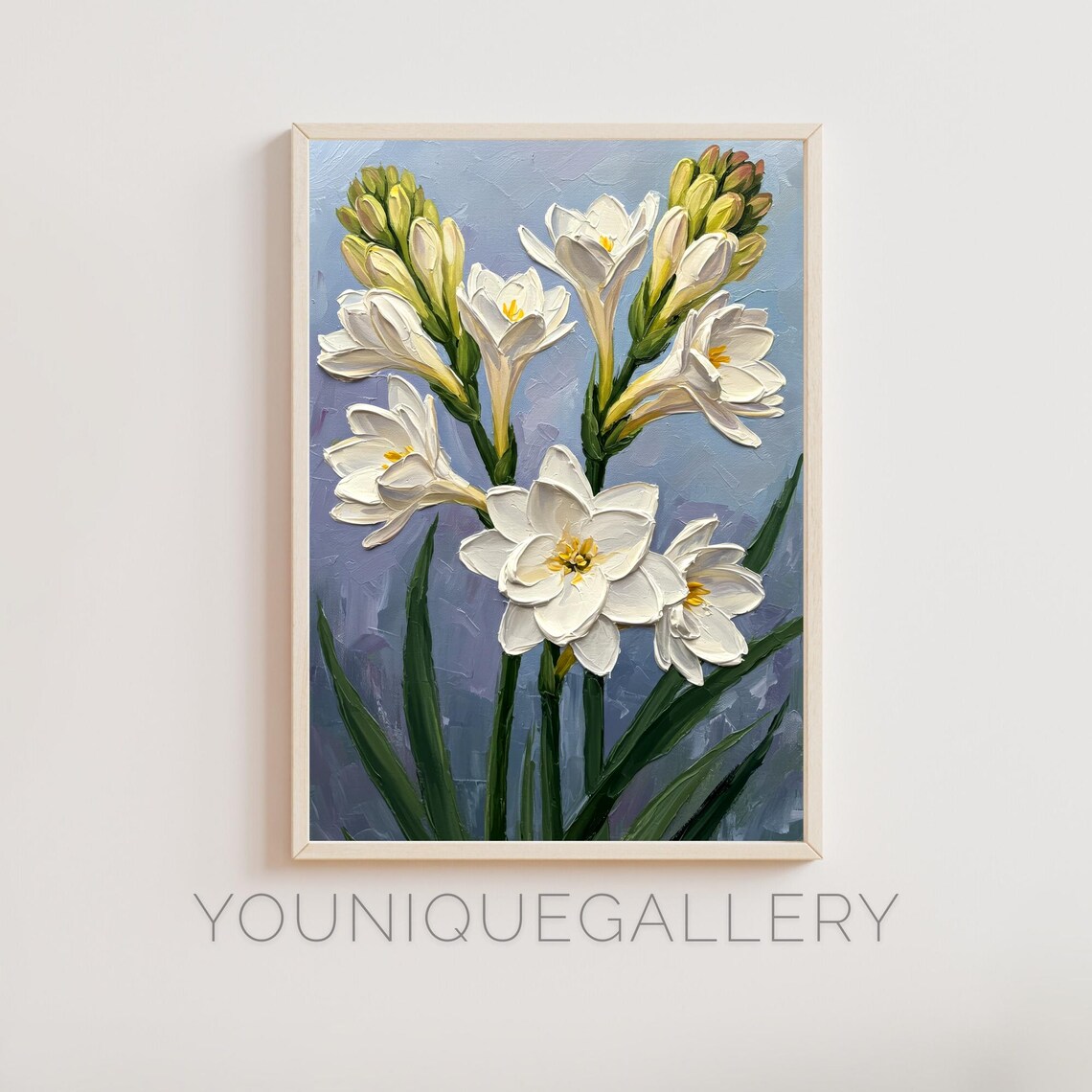 White Tuberose Flower Painting, Impressionist Botanical Art