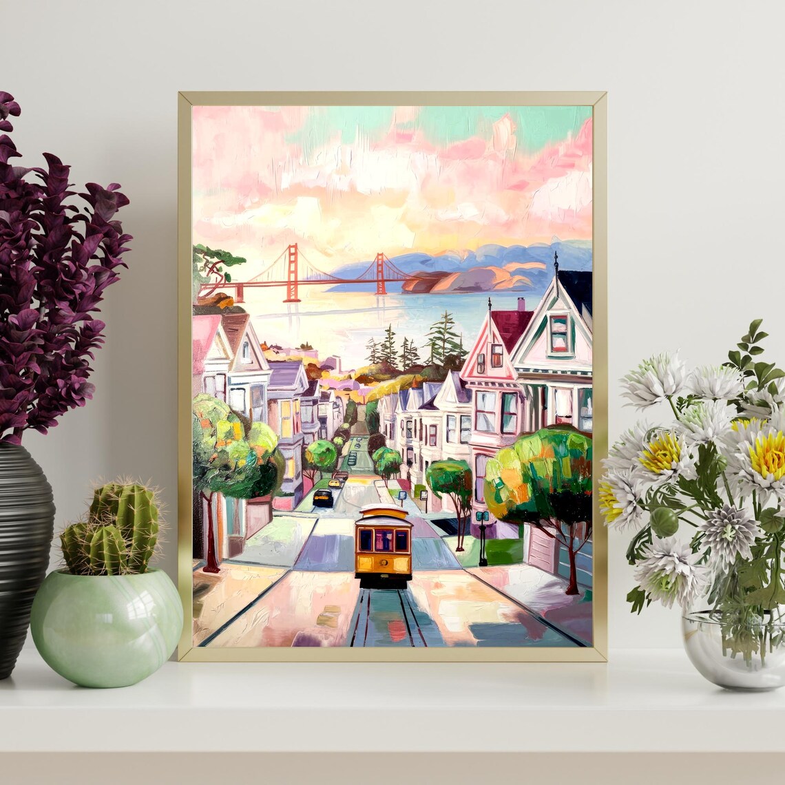 San Francisco Cable Car Steep Street Golden Gate View Painting Poster - Image 4