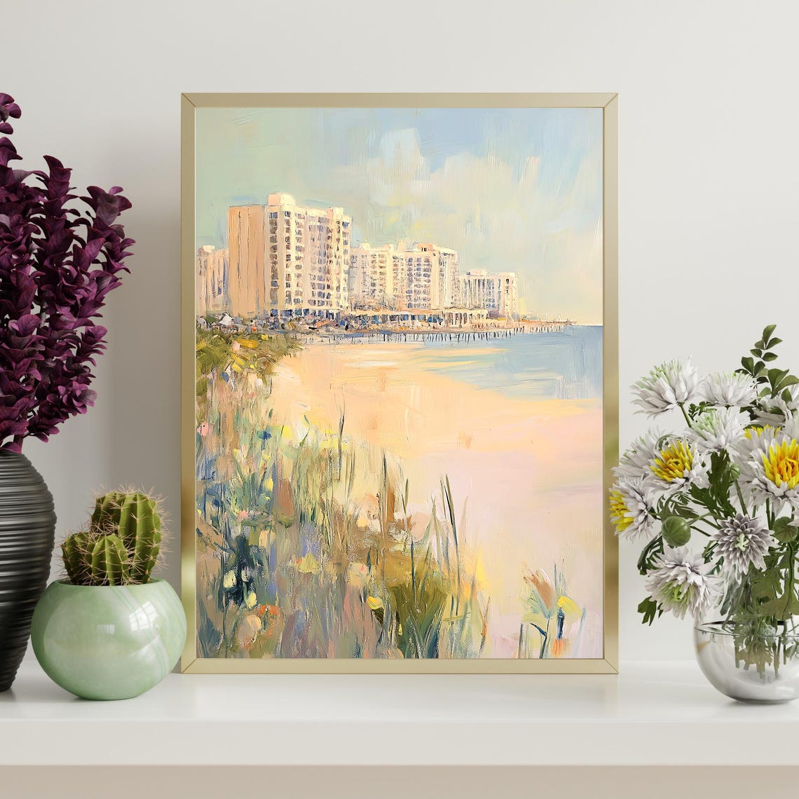 Virginia Beach Oceanfront Boardwalk Beach Grass Oil Painting Poster - Image 4