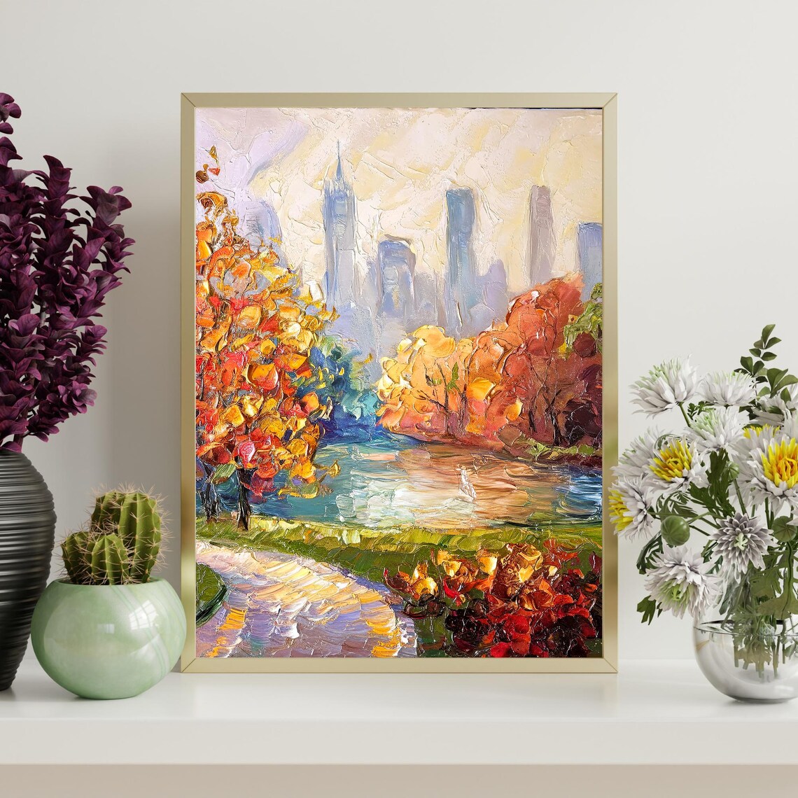 Central Park New York City Autumn Foliage Lake Oil Painting Poster - Image 4