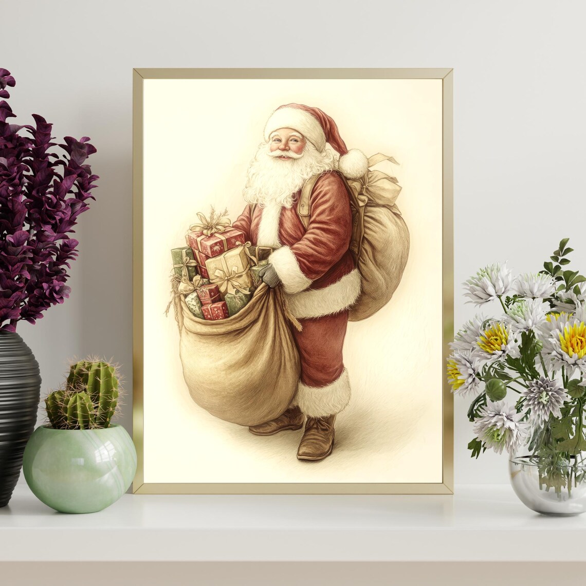 Vintage Santa Claus With Big Sack of Gifts Christmas Art Poster - Image 4