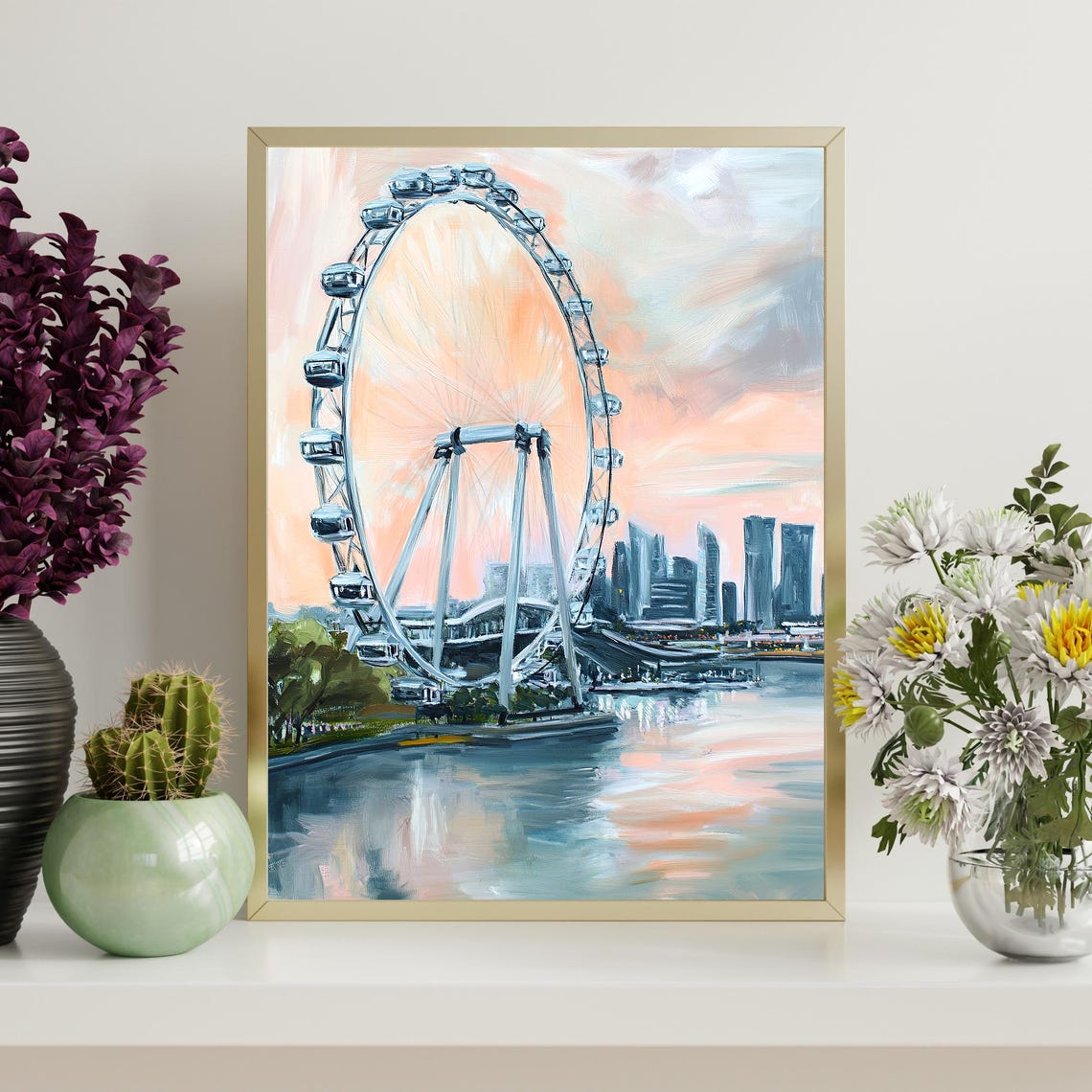 Ferris Wheel Waterfront Sunset City Skyline Impressionist Oil Wall Art - Image 4