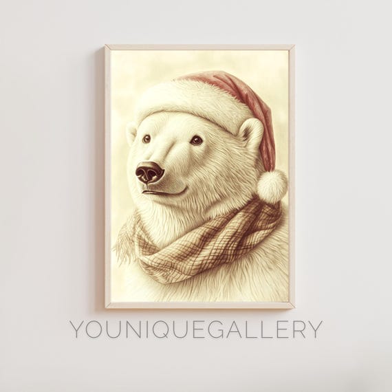 Christmas Polar Bear Wall Art Print Cute Santa Hat Polar Bear Holiday Animal Illustration Vintage Christmas Winter Decor