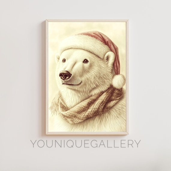 Polar Bear in Santa Hat Christmas Wildlife Portrait Art Poster